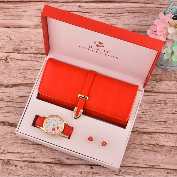 Women\'s Classy Leather Band Matching Watch & Tri-Fold Leather Wallet Set